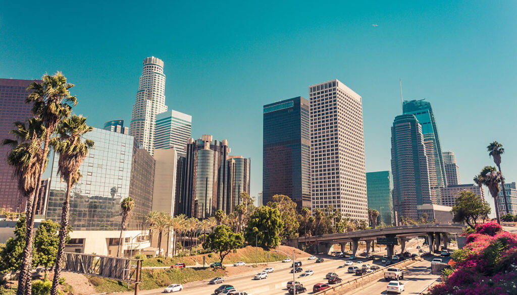 Panoramic view on downtown of Los Angeles over route 110