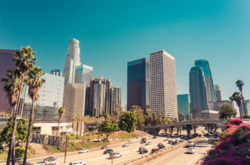 Panoramic view on downtown of Los Angeles over route 110