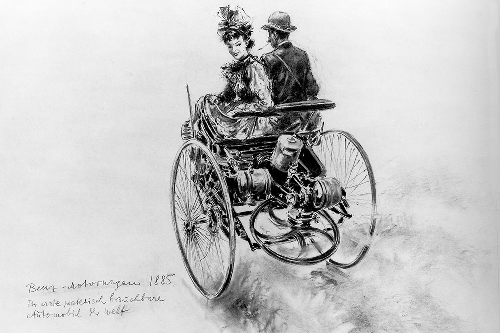 Benz Motorwagen. Getankt wurde in der Apotheke.