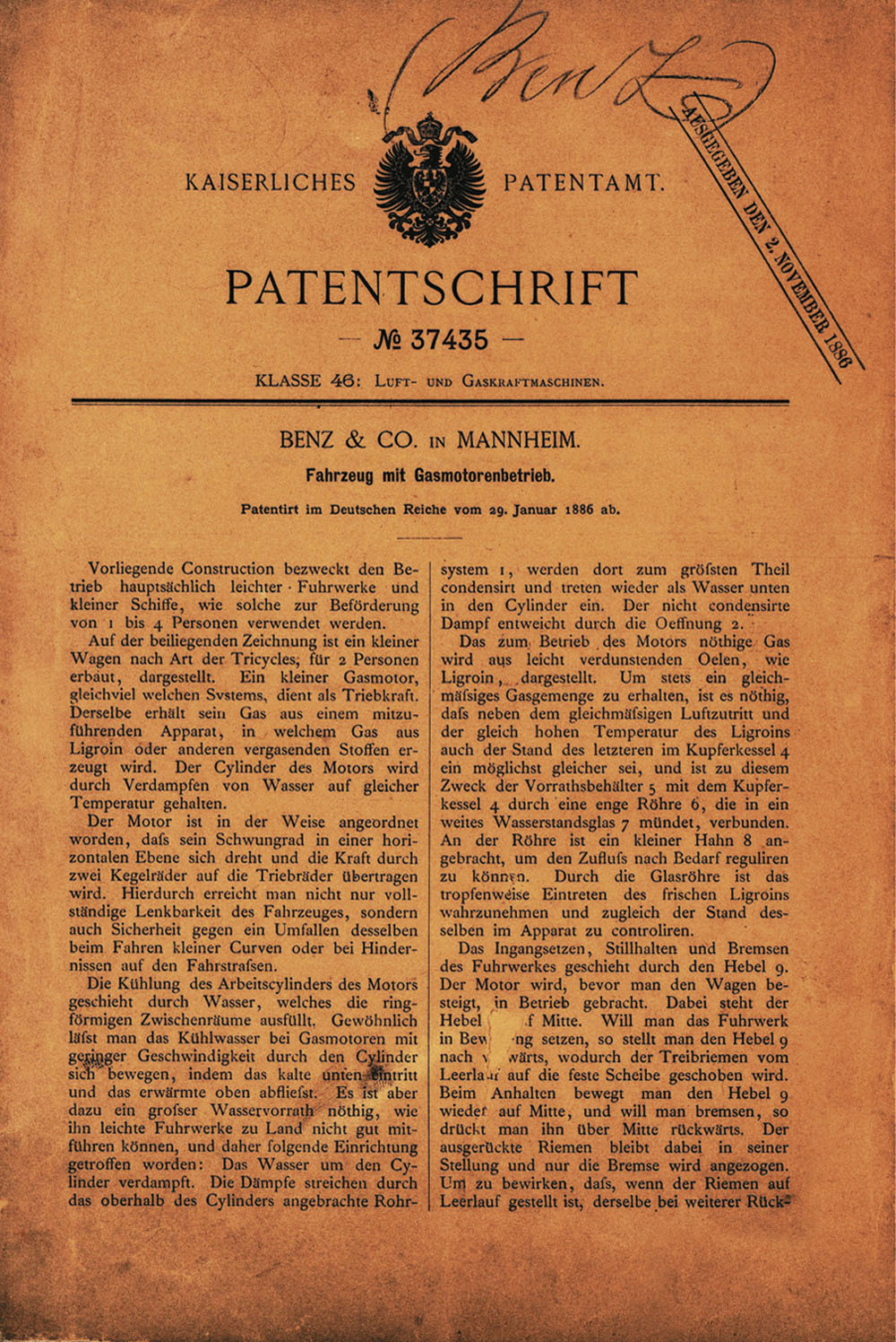 Benz Motorwagen Patentschrift von 1886.
