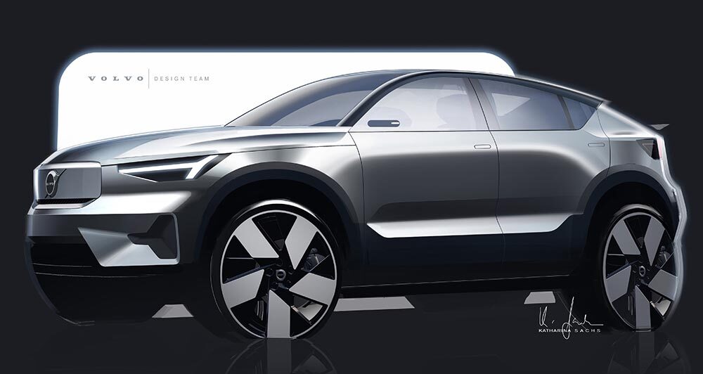 Volvo C40 front three-quarter view sketch, created by Katharina Sachs. Notice the added fifth spoke in the wheel compared to the original sketch.