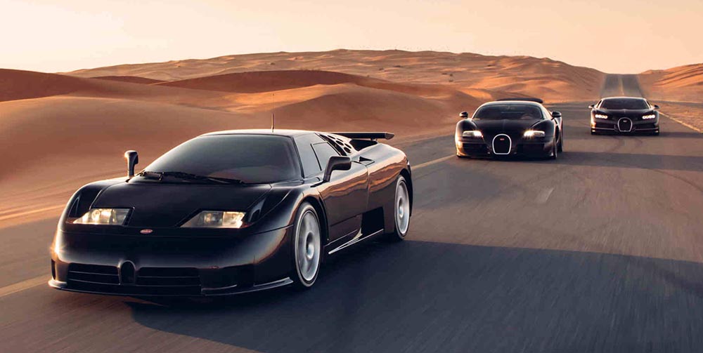 Gut 30 Jahre liegen zwischen den drei Bugatti-Generationen EB 110, Veyron und Chiron.