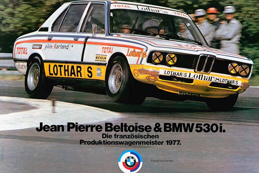 Mit einem von der BMW Motorsport GmbH aufgebauten BMW 530i wird Jean Pierre Beltoise 1977 „Französischer Produktionswagenmeister“