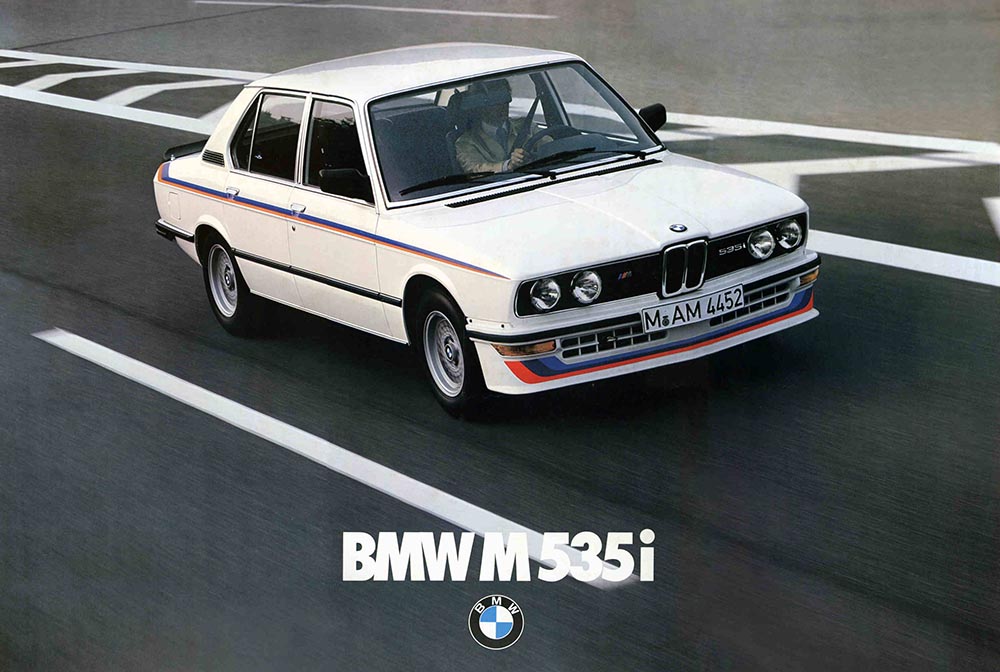 Die 1972 gegründete BMW Motorsport GmbH präsentiert im April 1980 den neuen 222 km/h schnellen Spitzentyp BMW M535i mit 160 kW/218 PS starkem Sechszylinder (M30).