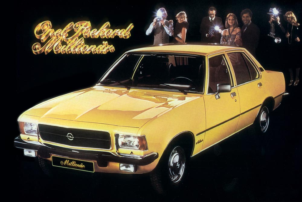 Im September 1976 läuft eine goldene Opel-Rekord-D-Limousine als ein-millionstes Fahrzeug der Baureihe vom Band.
