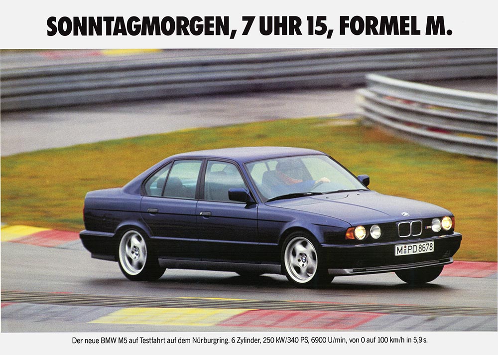 Mit Rennsport-Allüren bewarb BMW im Jahr 1988 den 340 PS starken M5 der Baureihe E34.