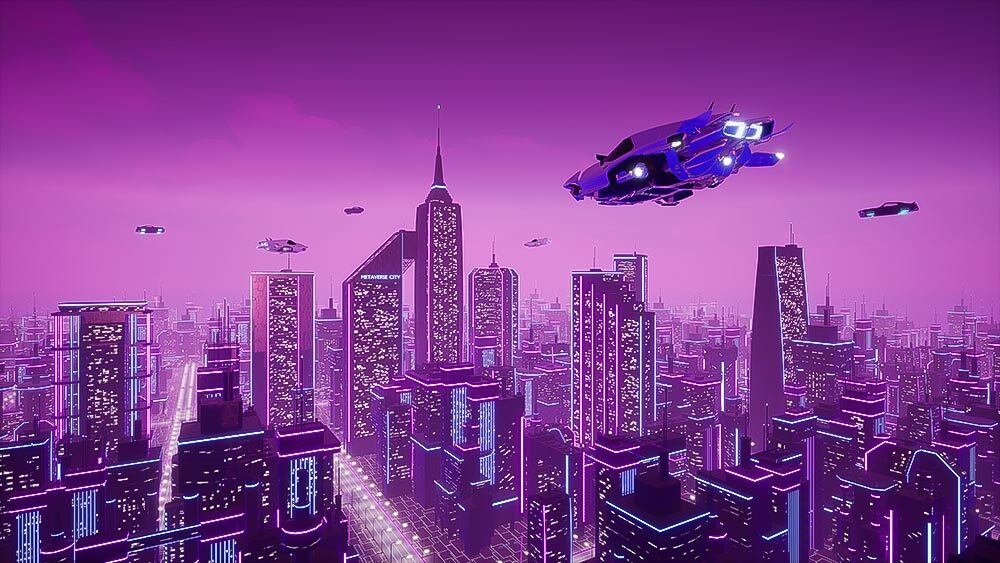 Futuristic transport vehicle with metaverse city. 3d render