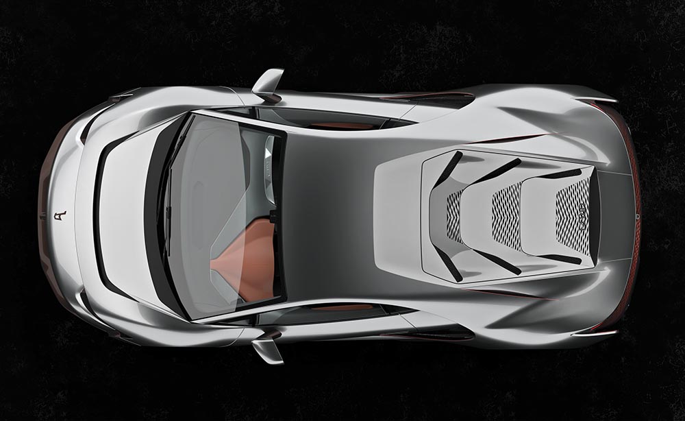 Ansicht von oben: Die Draufsicht auf den GB110 verrät die Verwandtschaft mit Franco Scagliones Konzeptauto-Serie BAT: Weiche Kurven verlaufen an den Seiten und gehen nach hinten in das abgerundete Heck des Fahrzeugs über.