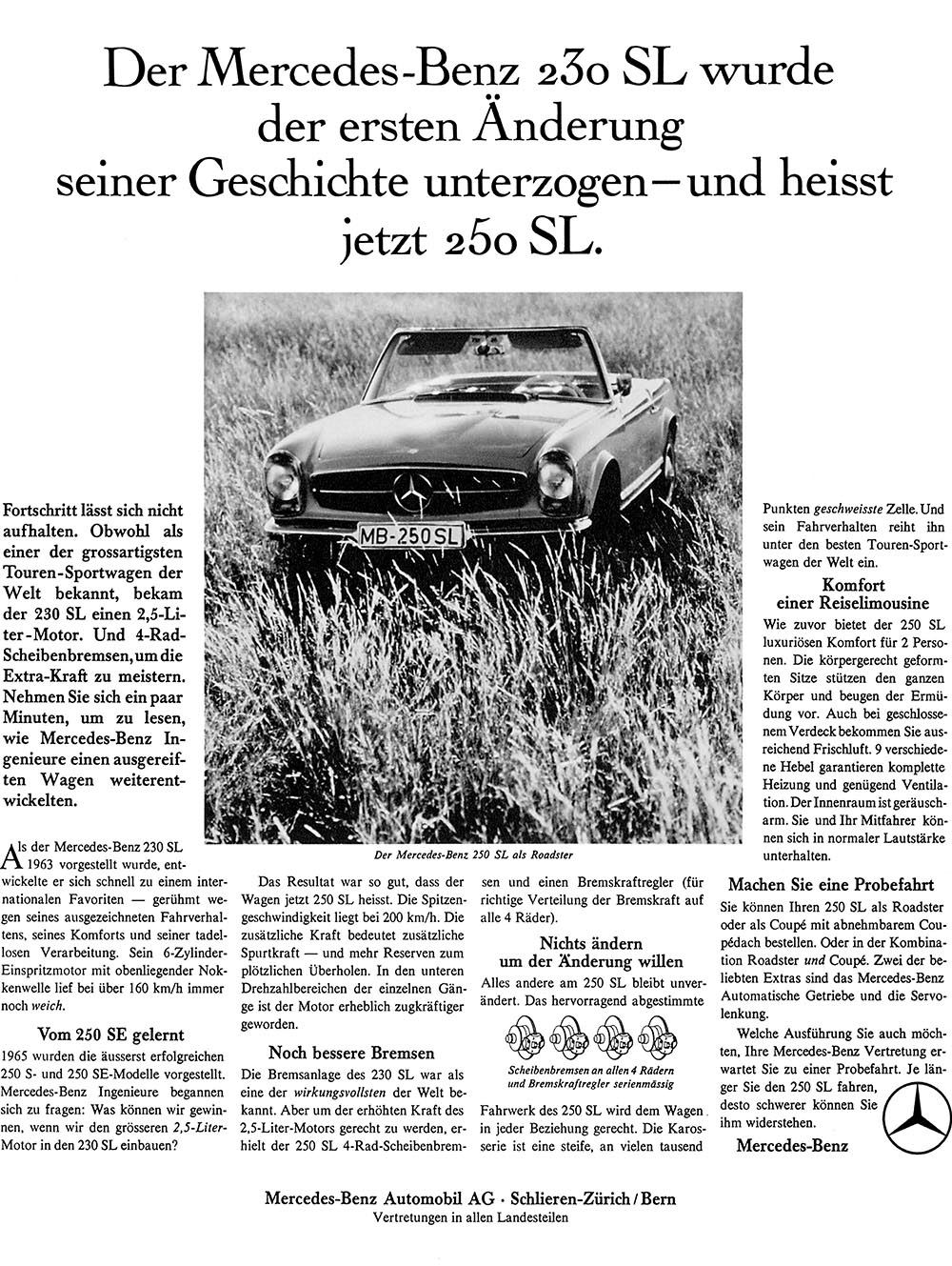 Werbung für den Mercedes 250 SL anno 1967.