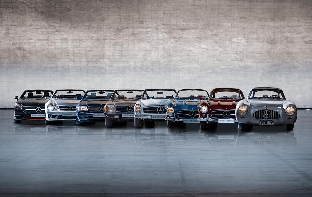 Ein Blick auf die lange Ahnengalerie des Mercedes SL.