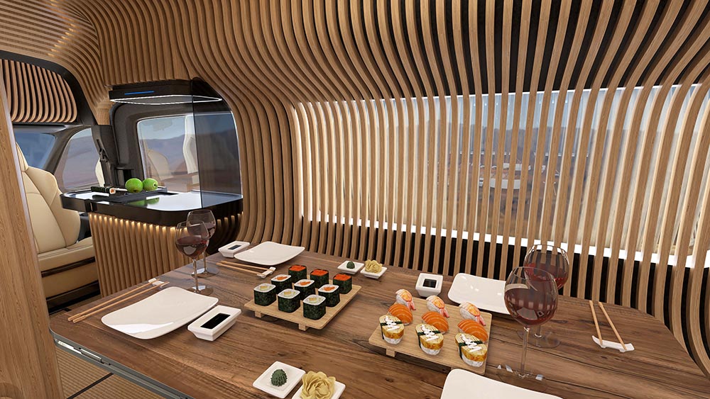 Bei Bedarf kann im Cross Cabin ein großer Esszimmertisch aufgestellt werden.