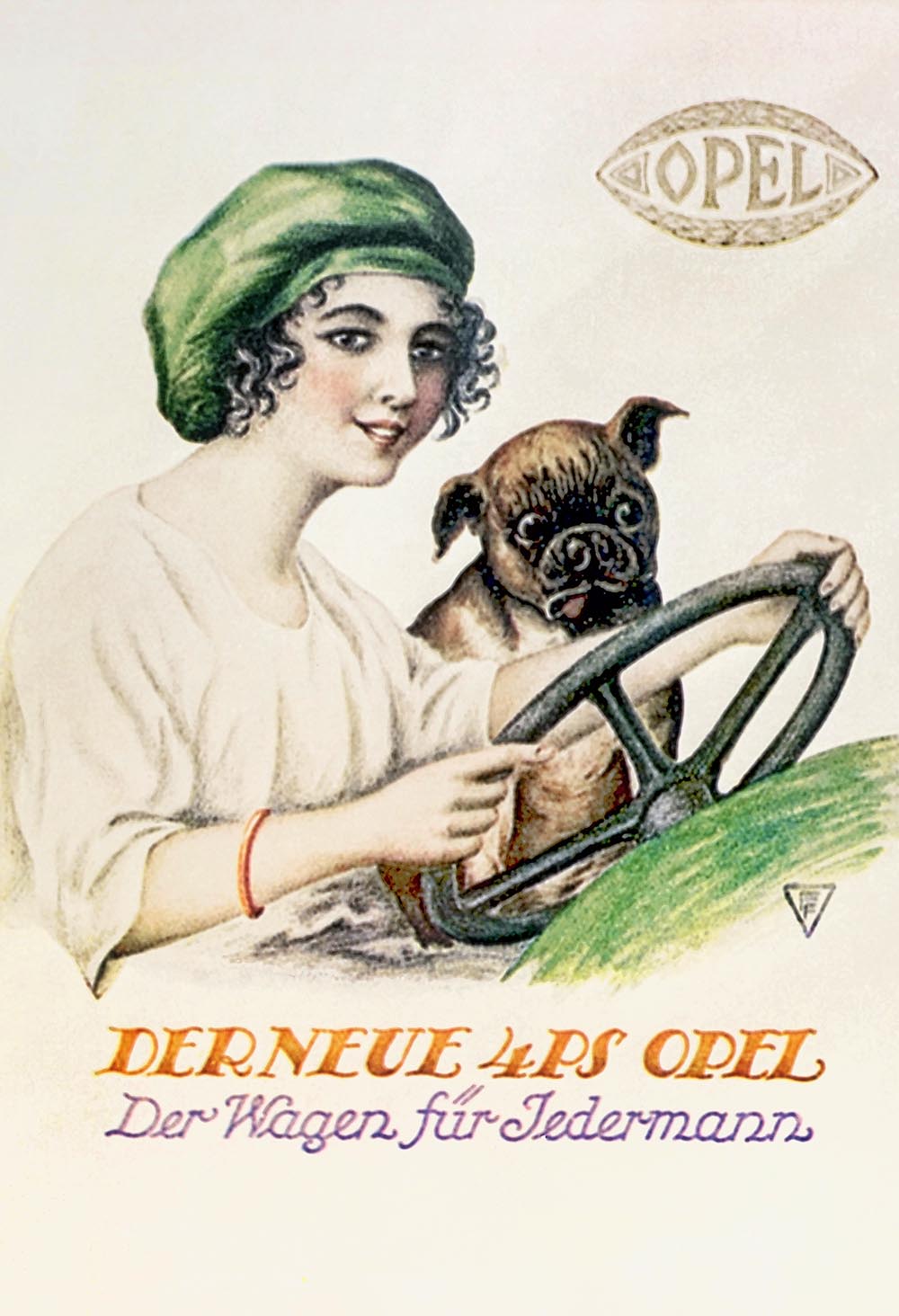  Erstes Fließbandmodell von Opel wird der zweisitzige, grün lackierte Typ 4/12 PS „Laubfrosch“. Hier eine Werbung aus 1924.