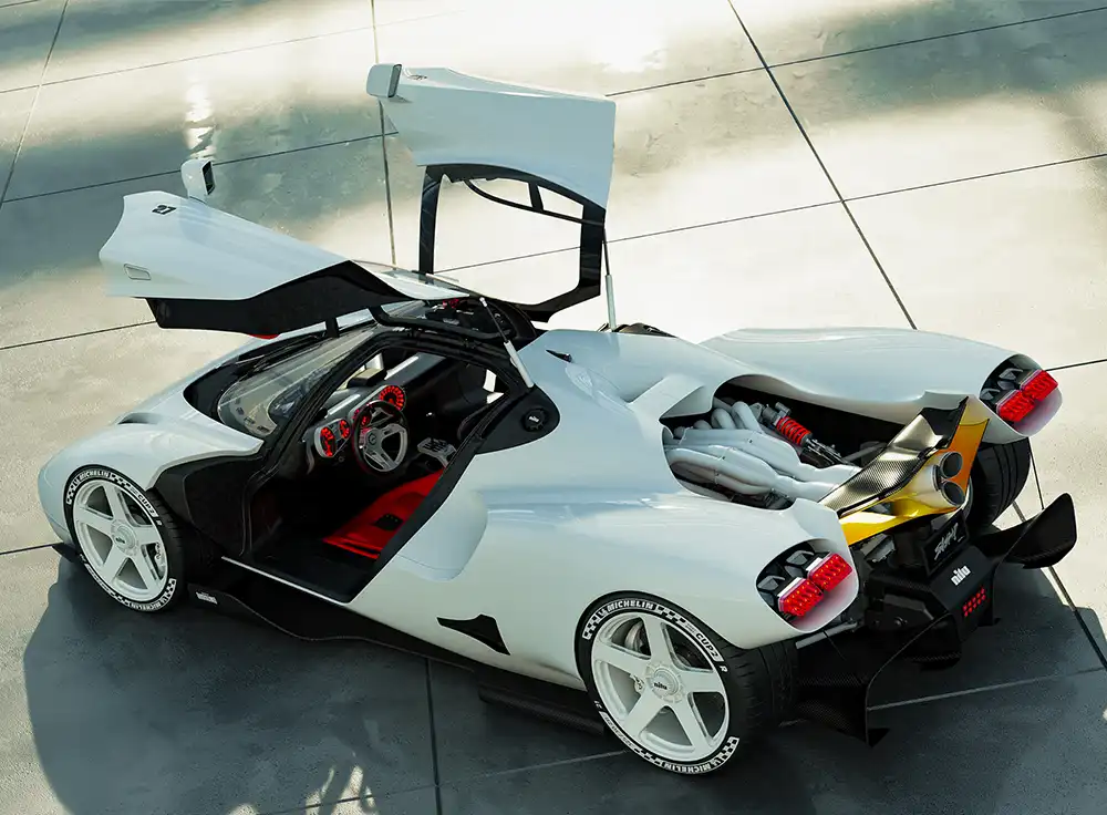 Nilu27 Hypercar: Spektakulär ist die Auspuffanlage, die im offenen Heck großenteils freiliegt.