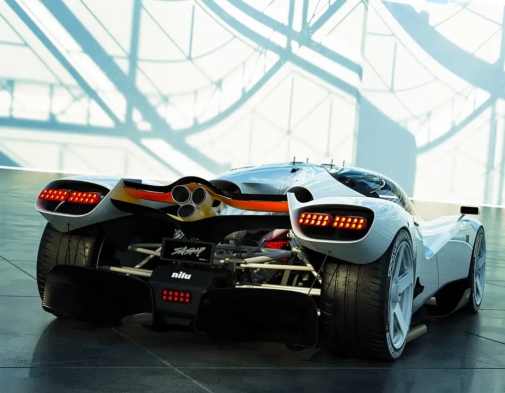 Gut sehen kann man auch das Fahrwerkssystem im Heck des Nilu27 Hypercar.