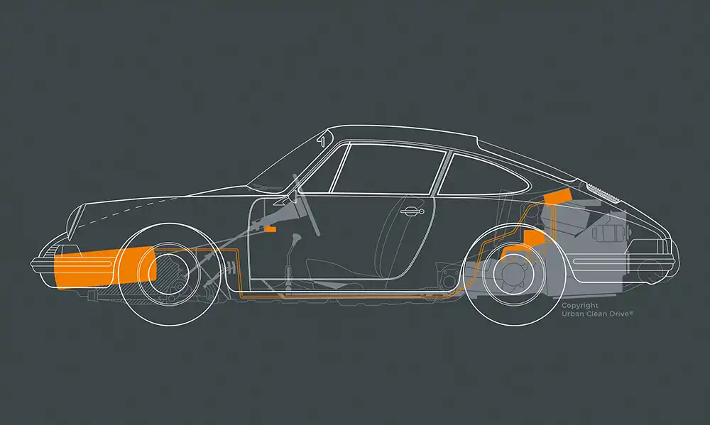 Das Nachrüst-System ADD on E-Engine von Roland Heidl besteht aus einer 400-Volt-Batterie (hier in der Front verbaut) sowie E-Motor, Umrichter und Steuerkomponenten (im Heck). Foto: Roland Heidl Automobiltechnik