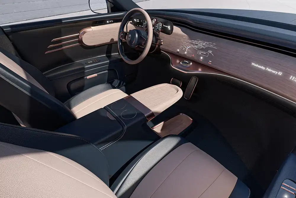 Das Cockpit setzt auf sogeannte Shy Technology im Armaturenbrett: Das Display erscheint erst dann, wenn es gebraucht wird. Foto: Dacora Motors