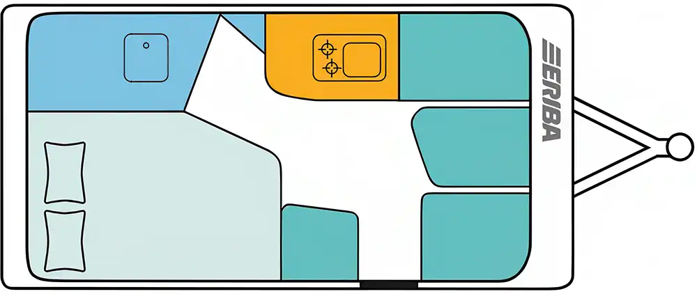 Neben den innen weitgehend identisch ausgebauten Caravan-Typen 470 und 442 (beide ab 30.000 Euro) markiert der 6,03 Meter lange Novaline 465 mit seitlichem französischen Bett hier das Einstiegsmodell für 29.500 Euro. Foto: Eriba