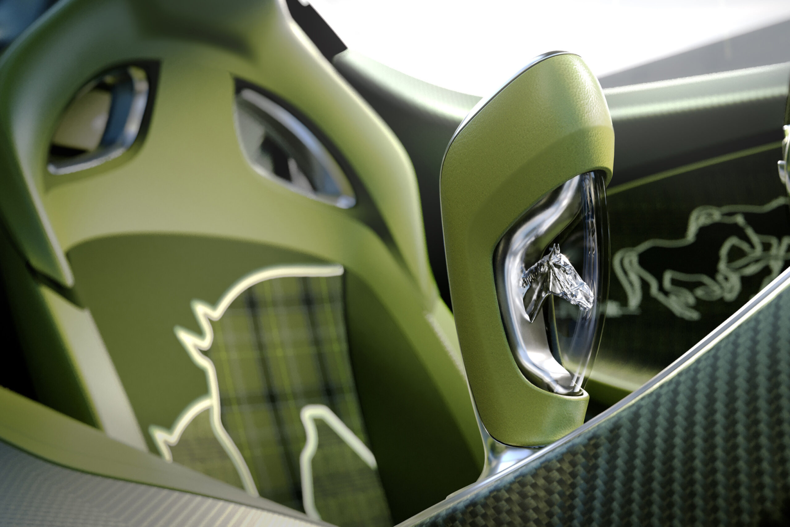 Die Designer um Direktor Frank Heyl widmeten dem Vollblüter Details wie gestickte Pferdemotive und einen einzigartigen Schalthebel mit einer Miniatur-Skulptur des Pferdes. Foto: Bugatti