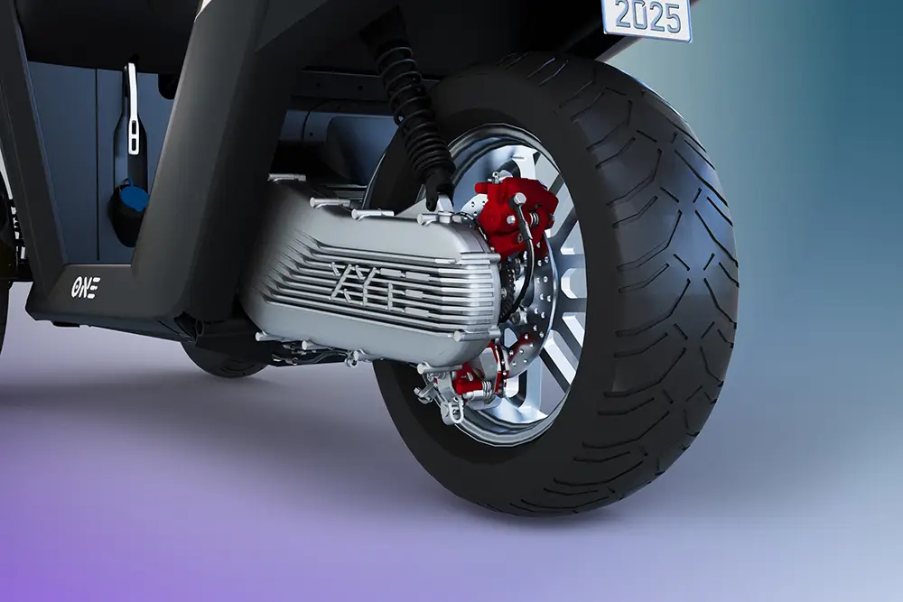 In der das Hinterrad führenden Einarmschwinge ist der E-Antrieb integriert. Foto: XYTE Mobility