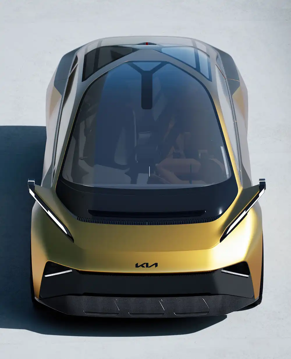 Ein spannedes Detail des Meta Turismo sind die Leuchteinheiten in der Front, die zugleich als Träger für die Rückspiegelkameras dienen. Foto: Kia