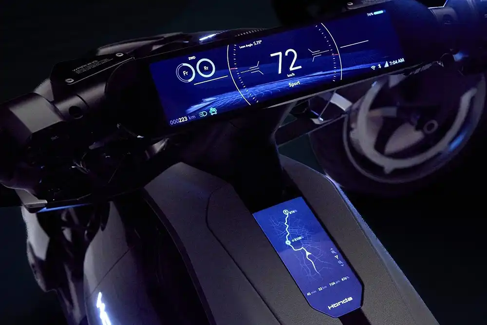 Ein schlankes, breites Display liefert Informationen wie Schräglage und aktuelle Motorleistung. Foto: Honda