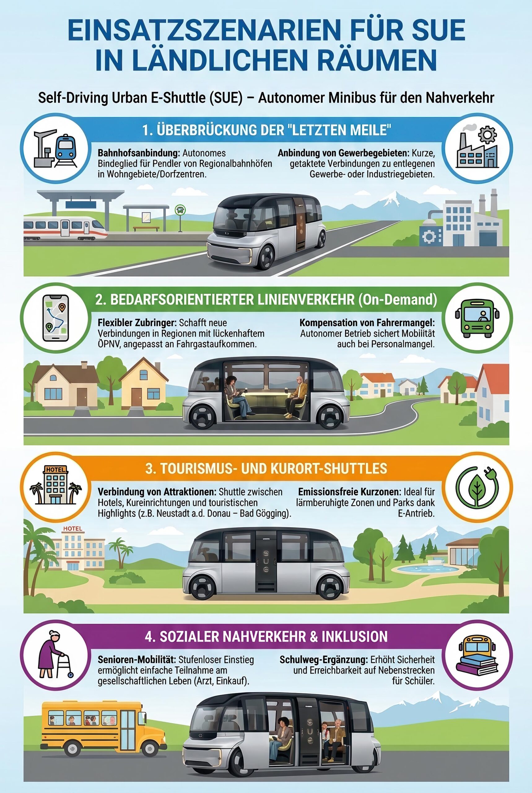 Infografik Einsatzszenarien SUE autonomes E-Shuttle im ländlichen Raum