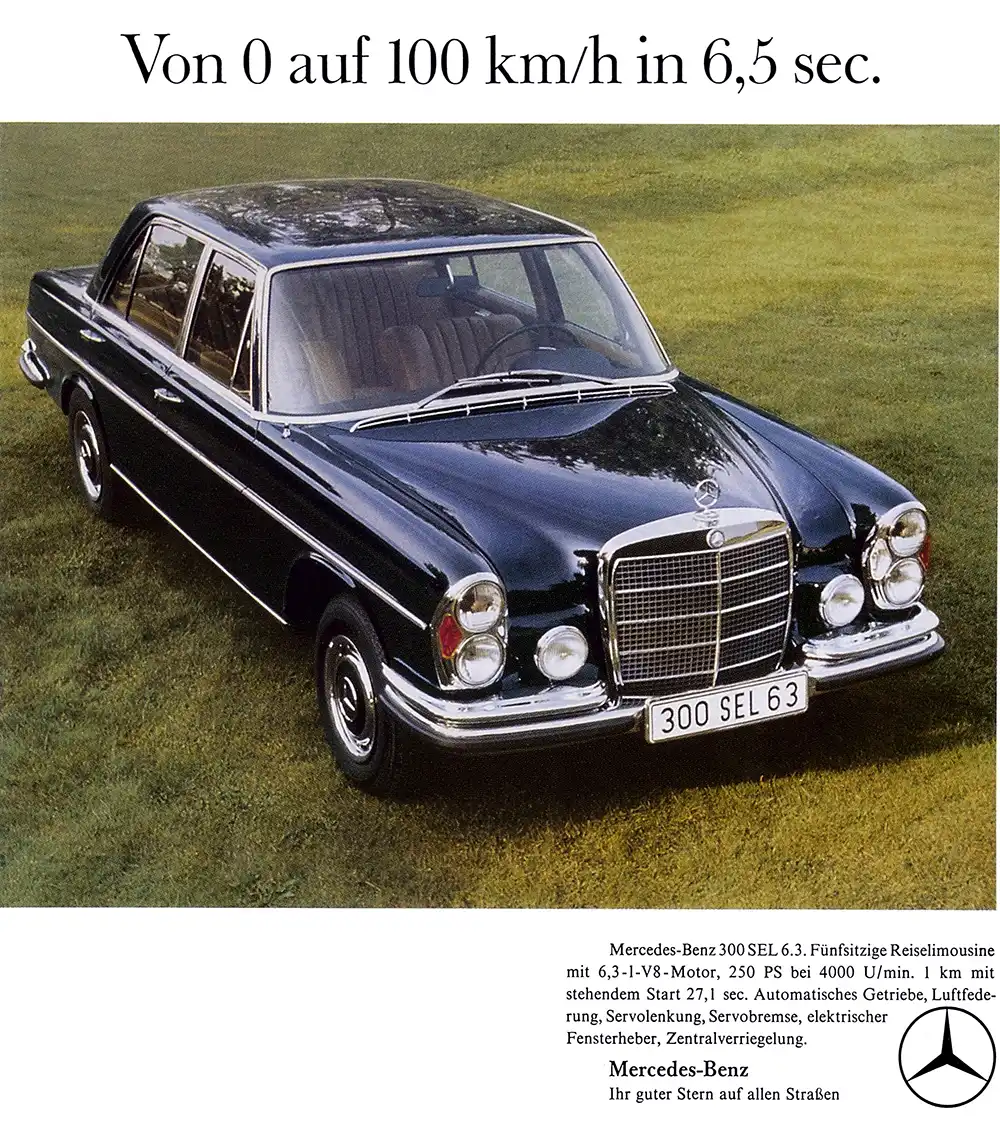 Deutschlands schnellste Serienlimousine – Der 1968 eingeführte Mercedes 300 SEL 6.3 nahm es auch mit Supersportwagen auf. Foto: Mercedes-Benz Classic Archive