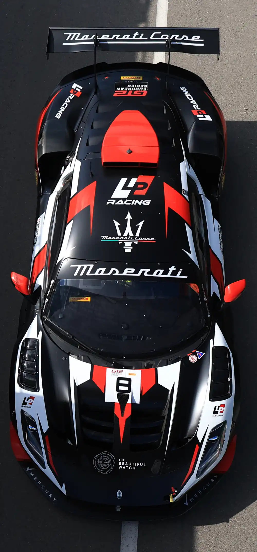 Draufsicht auf den Maserati GT2 mit Startnummer 8 von LP Racing, gefahren von Talent Niccolò Pirri. Foto: Maserati