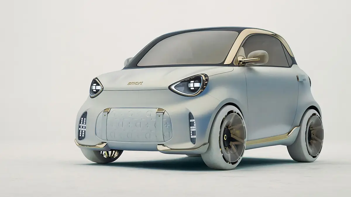 Der elektrische Smart #2 als kompaktes Mode-Accessoire auf Rädern mit goldenen Akzenten und futuristischen Felgen