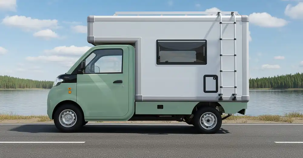 Ari 458 Pro Camper am Wasser: Das kompakte E-Wohnmobil bietet eine Stehhöhe von 1,85 Metern und integrierte Wassertanks.