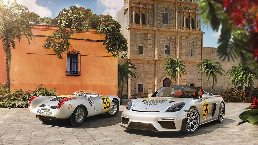 Boxster mit Racing-Genen – Der furiose Porsche 718 Spyder RS Panamericana Special von 2024 war eine Hommage an den 550 Spyder aus den Roaring Fifties. Foto: Porsche