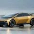 Futuristische Coupé-Limousine Kia Vision Meta Turismo in Goldgelb auf einem Podest bei der Mailänder Designwoche.