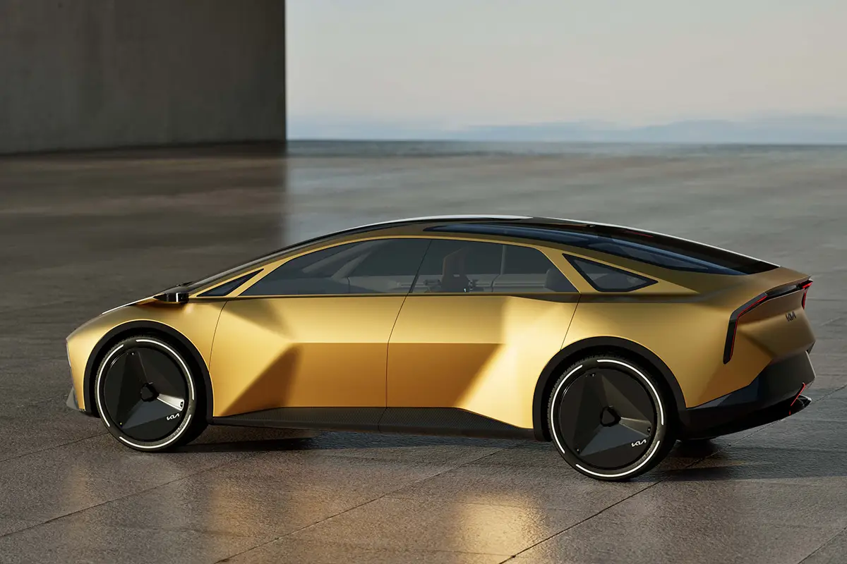 Schlanke Silhouette und aerodynamisches Design des Kia Vision Meta Turismo mit extrem langem Radstand.