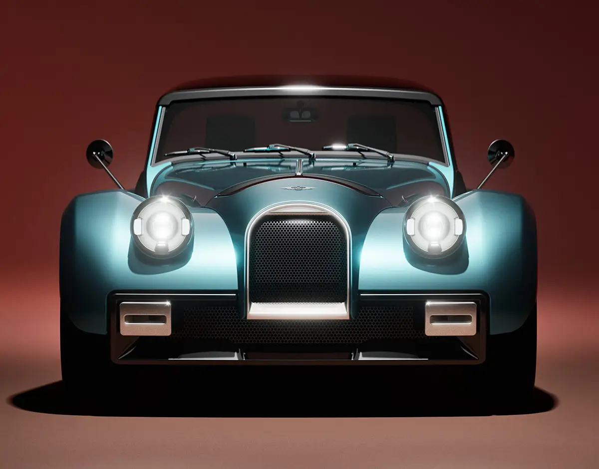 Frontalansicht des Morgan Supersport 400 mit dem klassischen Gittergrill und modernen LED-Scheinwerfern.