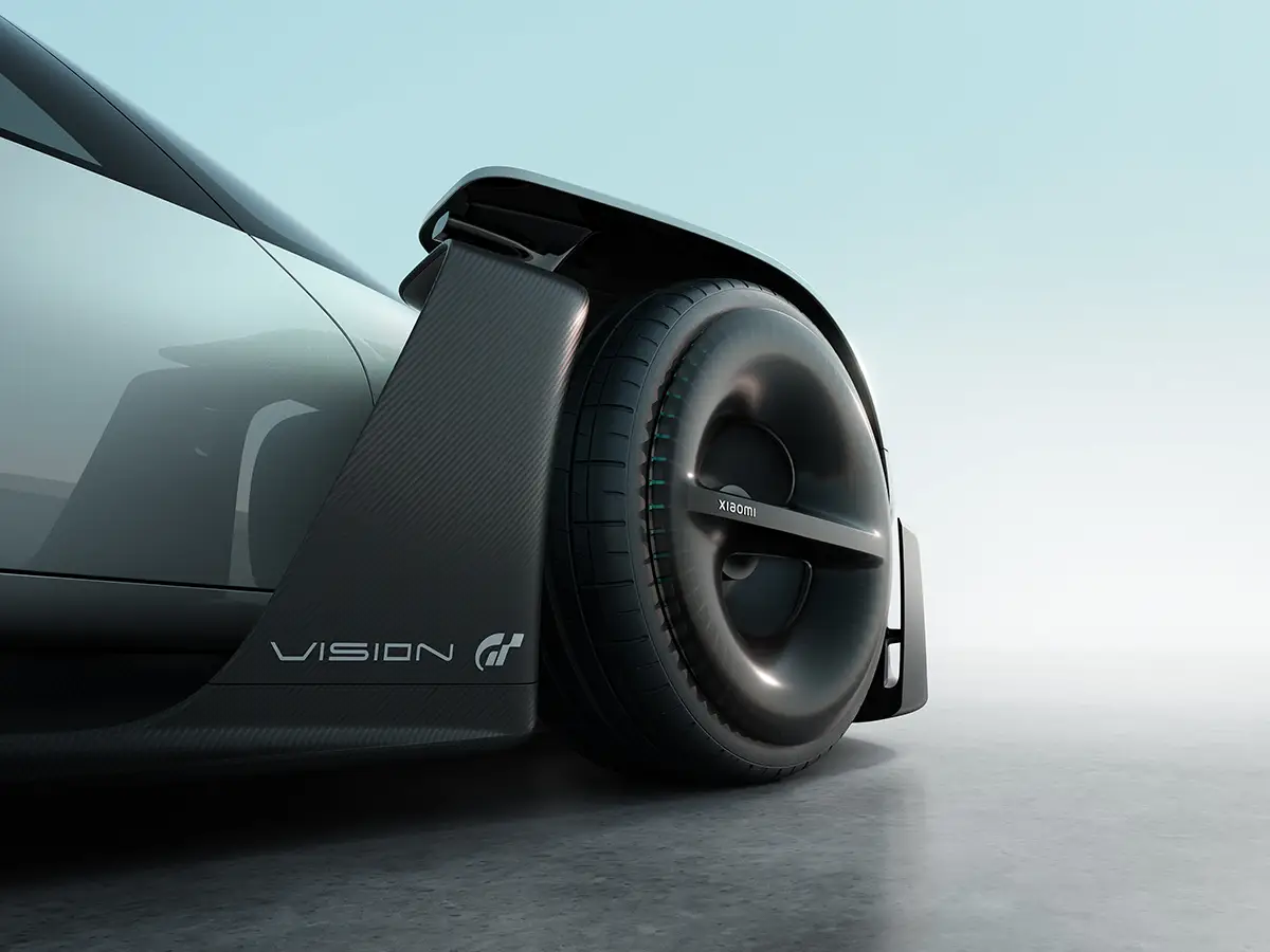 Aerodynamisch verkleidete Felgen des Xiaomi Vision GT mit dem charakteristischen Vision Gran Turismo Branding. Foto: Xiaomi