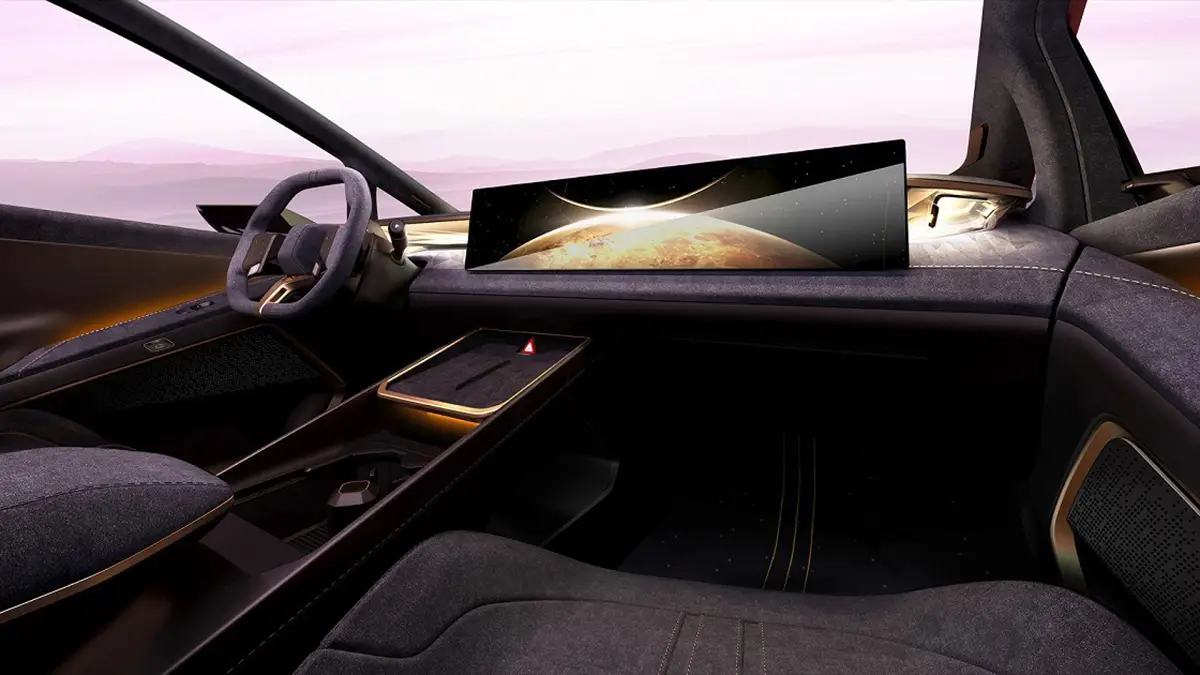 Das futuristische Interieur der Ioniq Venus Studie mit einem über das gesamte Armaturenbrett verlaufenden extrabreiten Touchscreen.