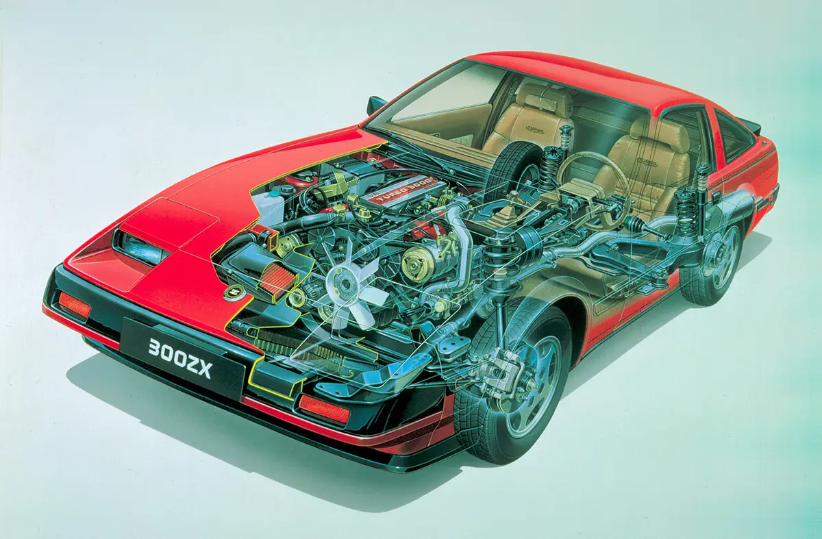 Technische Risszeichnung des Nissan 300ZX zur Veranschaulichung des V6-Turbomotors und des Fahrwerks.