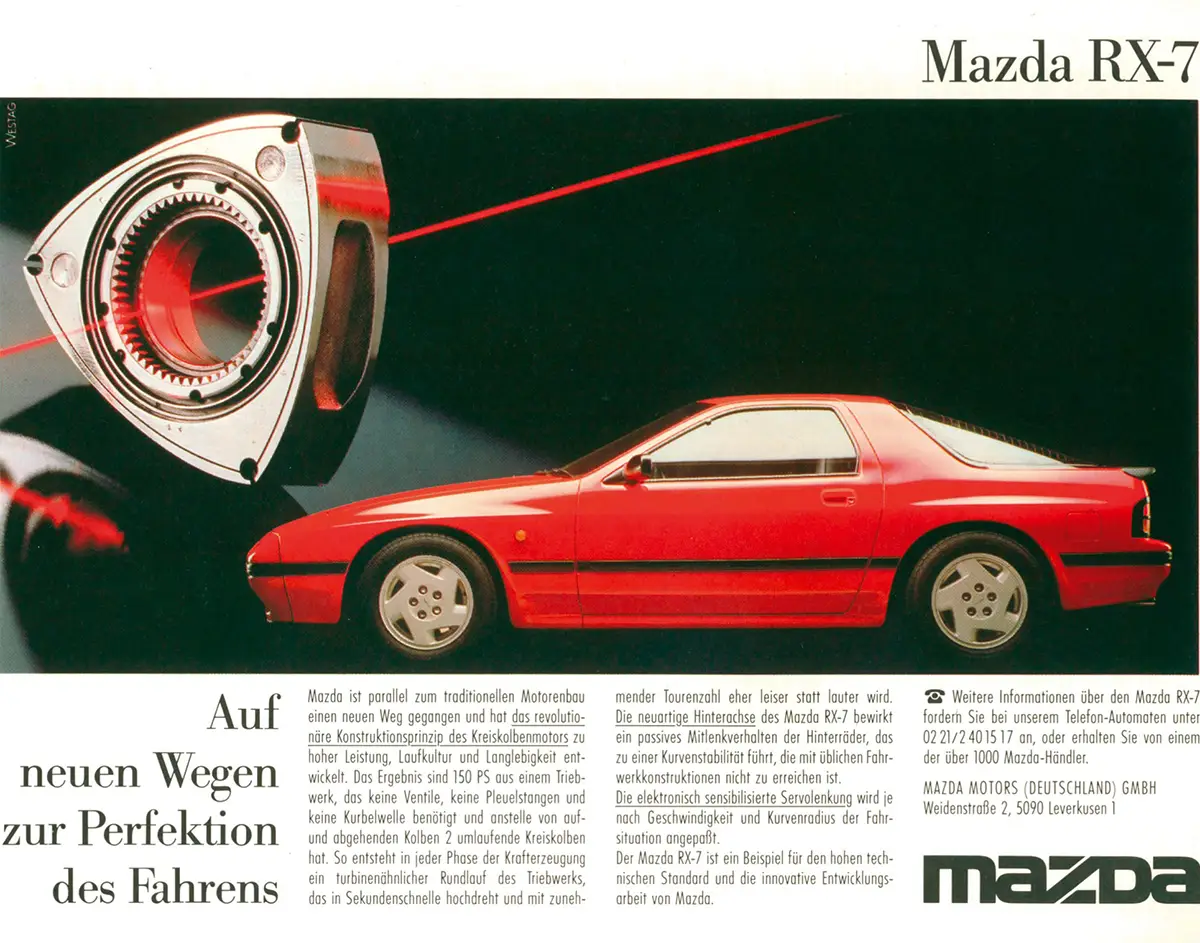 Faszination Wankel – Die Werbung für den Mazda RX-7 versuchte von den Vorzügen des Kreiskolbenmotors zu überzeugen. Foto: Mazda
