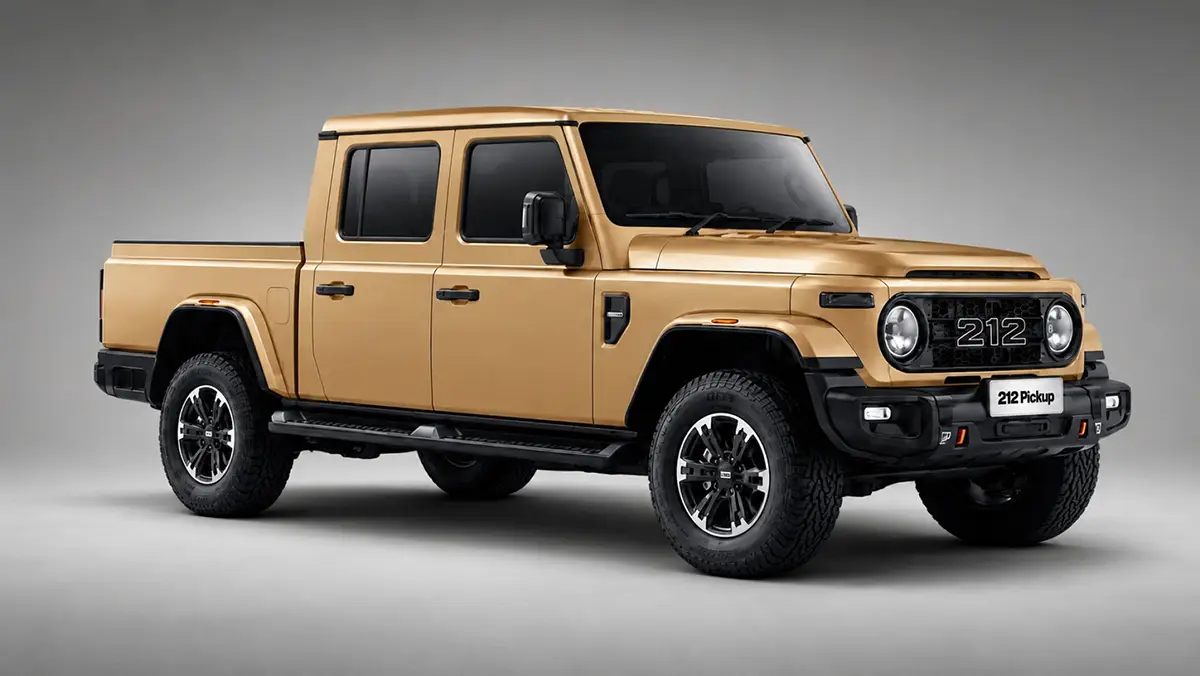 Der neue BAW 212 Pick-up von Indimo in einer Wüsten-Gold-Lackierung zeigt sein klassisches Geländewagen-Design.