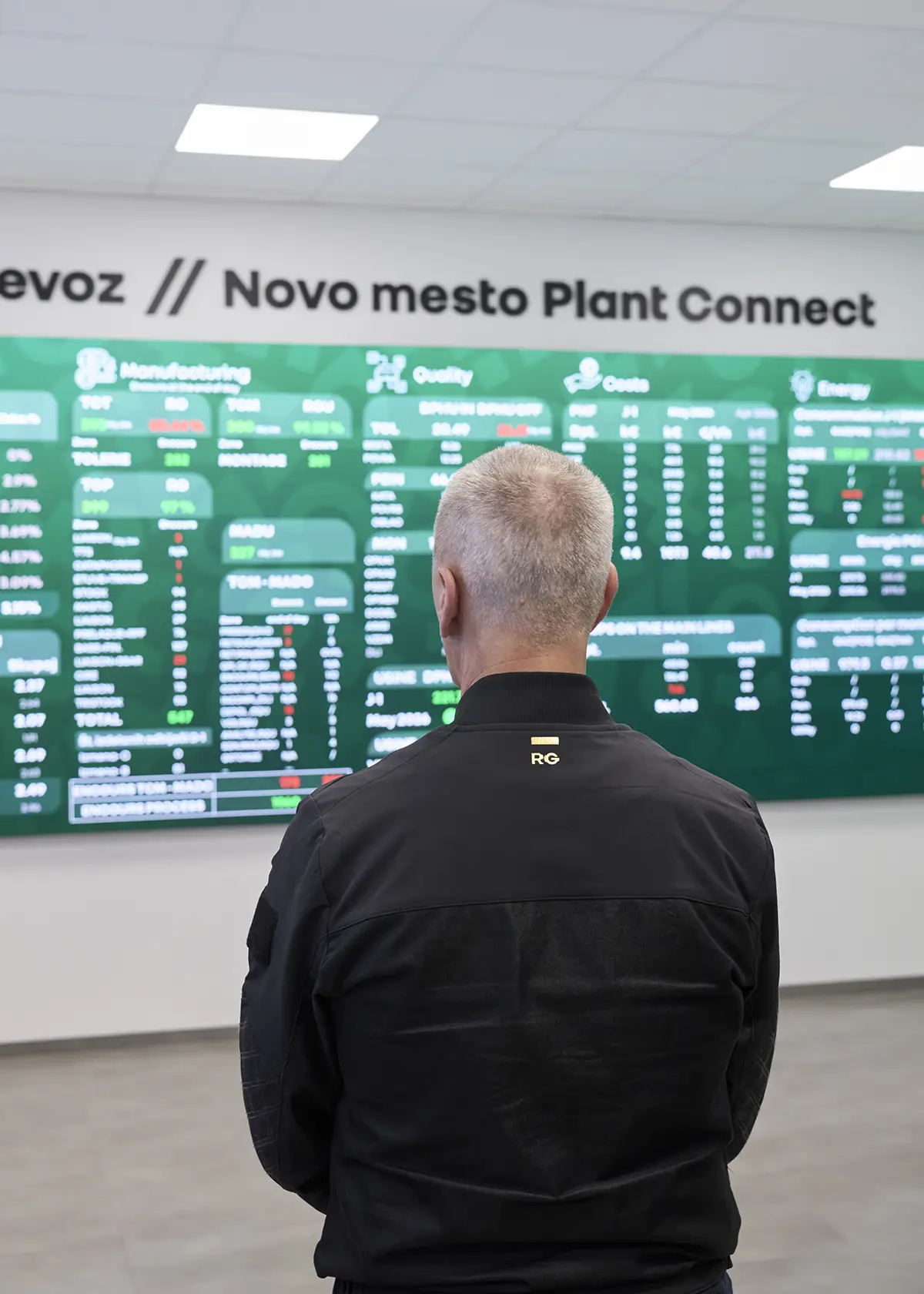 Thierry Charvet, Renault-Vorstand für Industrie und Qualität, blickt von hinten auf die riesige digitale Kontrollwand des Steuerungssystems „Novo mesto Plant Connect“ zur Echtzeit-Überwachung der Fabrikabläufe.