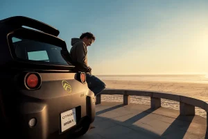 Man leaning on the rear of a black car parked on a seaside promenade at sunset.