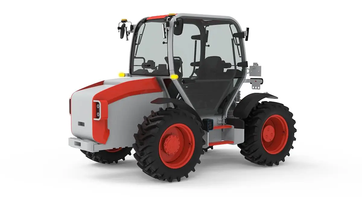 Studioaufnahme des neuen, kompakten Elektro-Traktors der Diess E-Agrartechnik AG mit einer rundum verglasten Fahrerkabine, silberner Karosserie mit roten Akzenten und grobstolligen Allradreifen.