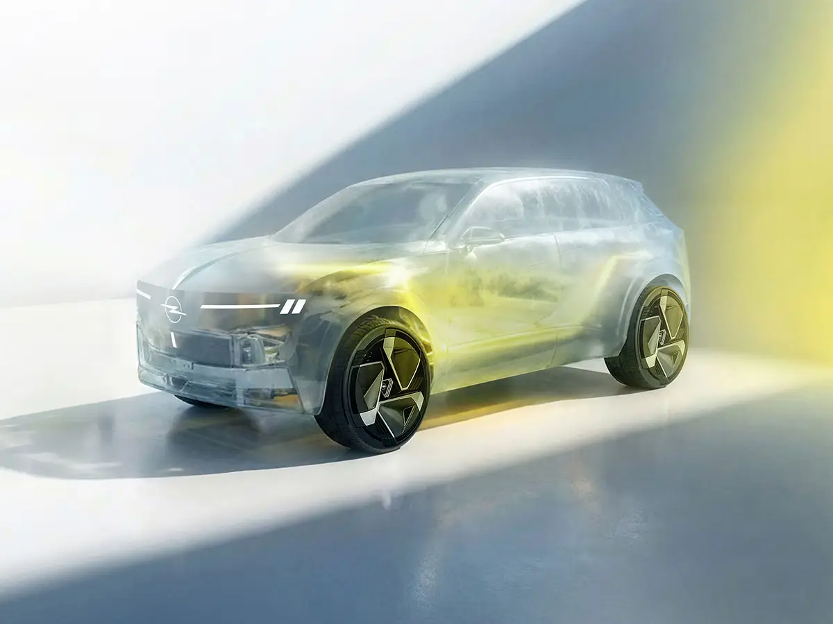Eine futuristische Designstudie und transparente Konzeptgrafik des kommenden Gemeinschafts-SUVs von Opel und Leapmotor für das Jahr 2028.
