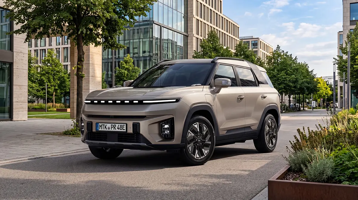Das neue vollelektrische SUV KGM Torres EVX Nomad in elegantem Silber-Metallic parkt am Strassenrand einer modernen städtischen Allee vor einer gläsernen Bürogebäudefassade.