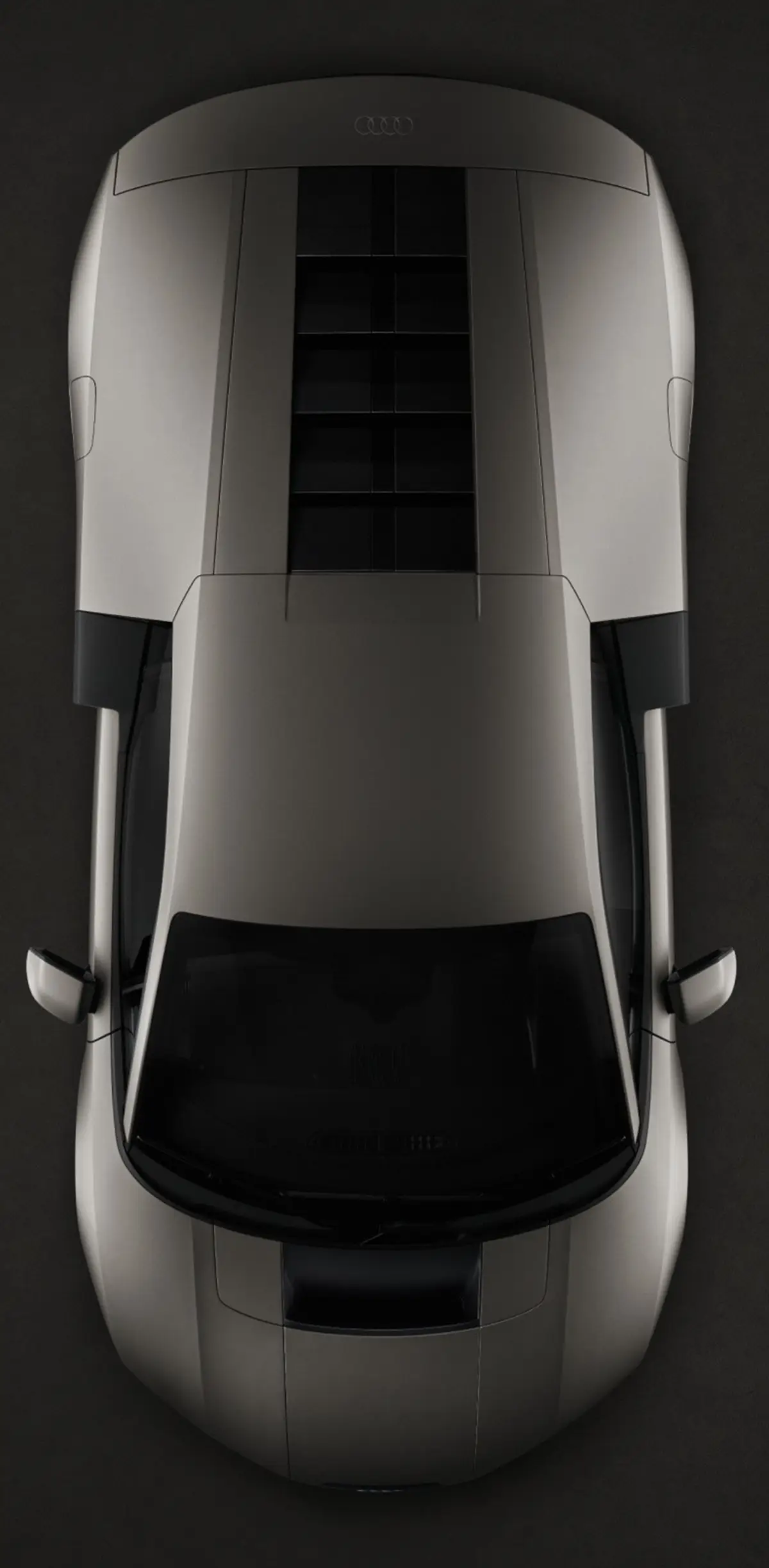 Die exakte Draufsicht auf das silberne Audi Nuvolari Hypercar, welche die fließende Form, die Carbon-Karosserieelemente und die geschlossene Motorabdeckung verdeutlicht