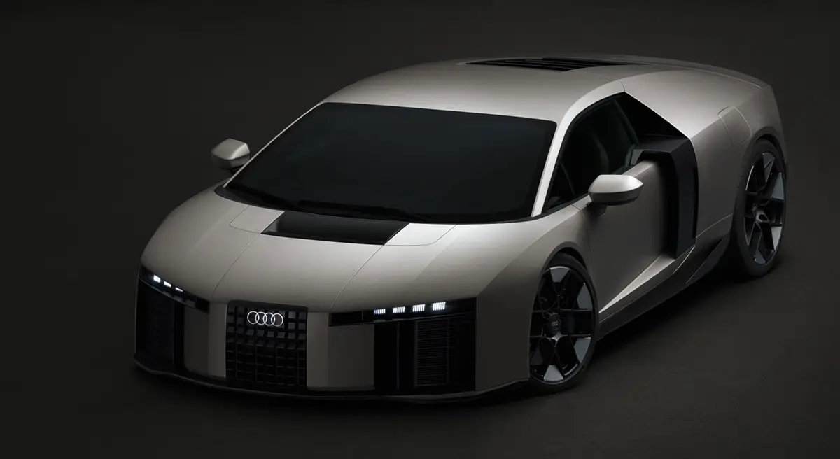 Das silberne Audi Nuvolari Mittelmotor-Hypercar in der Dreiviertel-Frontansicht mit flacher Silhouette, kurzen Überhängen und dem markanten, rechteckigen Singleframe-Kühlergrill.