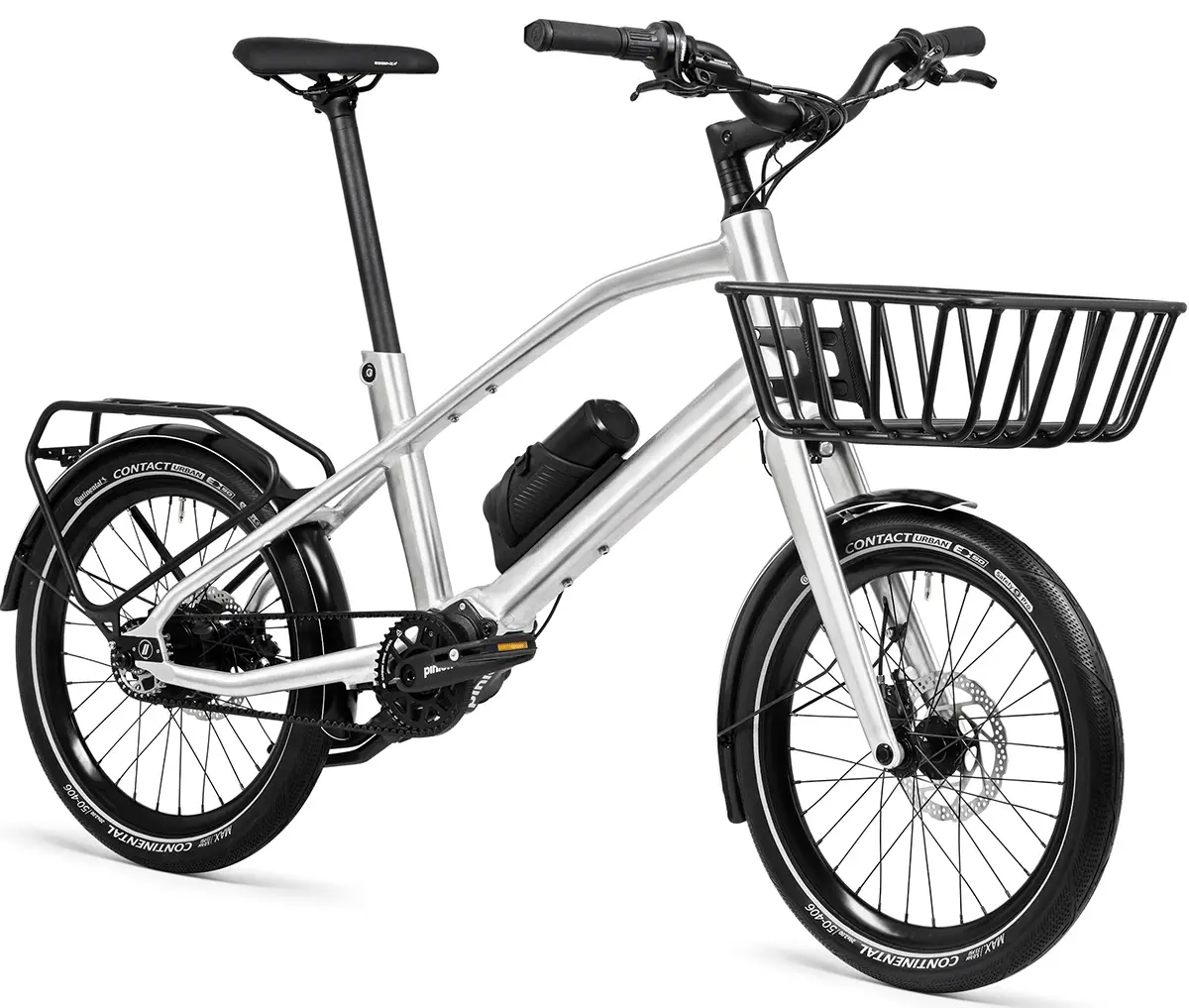 Seitenansicht des silber-grauen E-Bikes Schindelhauer Neo Electric mit montiertem schwarzen Frontkorb, Schutzblechen und der flaschenähnlichen Akkuhalterung am Unterrohr.