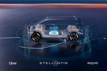 Eine futuristische, halbtransparente Röntgen-3D-Visualisierung eines kompakten Elektrofahrzeugs auf dunkelblauem Untergrund, die die Sensoren und die Batteriearchitektur für fahrerlose Robotaxis zeigt. Am unteren Bildrand sind die Logos der Kooperationspartner Uber, Stellantis und Wayve abgebildet.
