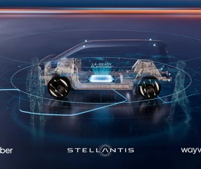 Eine futuristische, halbtransparente Röntgen-3D-Visualisierung eines kompakten Elektrofahrzeugs auf dunkelblauem Untergrund, die die Sensoren und die Batteriearchitektur für fahrerlose Robotaxis zeigt. Am unteren Bildrand sind die Logos der Kooperationspartner Uber, Stellantis und Wayve abgebildet.