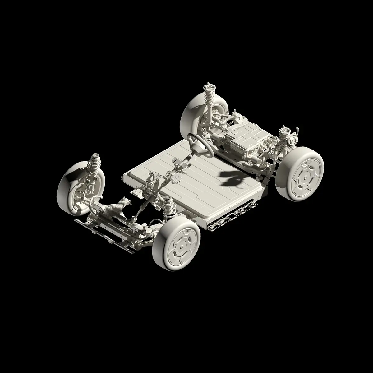 Technische 3D-Modell-Ansicht der modularen 400-Volt ECA-Architektur inklusive der im Unterboden integrierten Geely-Batterie und der Fünflenker-Hinterachse